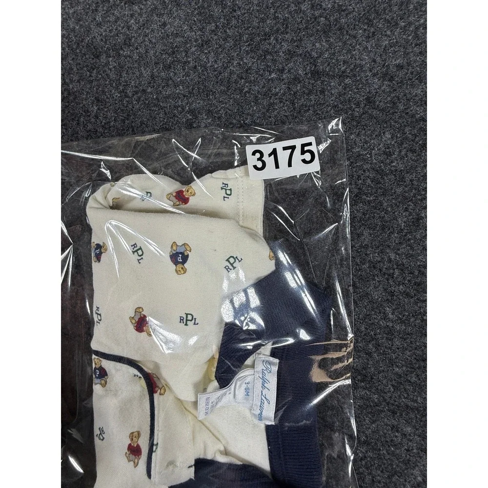 Ralph Lauren Polo Shirt Baby Boys 3-6M Cream Navy Blue Polo Bear Long Sleeve‎